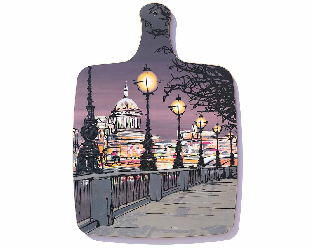 Chopping board with handle showing St Paul's Cathedral from Southbank at dusk by artist Hannah van Bergen