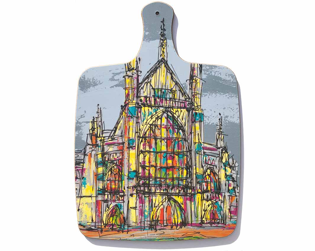 Chopping board with handle featuring artwork of Winchester Cathedral by artist Hannah van Bergen