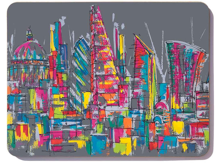 Rectangular melamine chopping board with colourful London landmarks on grey background including St Paul's and the Gherkin by artist Hannah van Bergen
