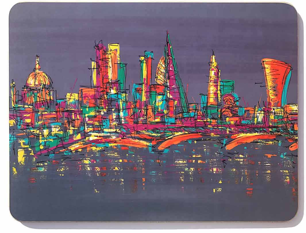 Rectangular melamine chopping board with purple artwork of London landmarks on the Thames by artist Hannah van Bergen