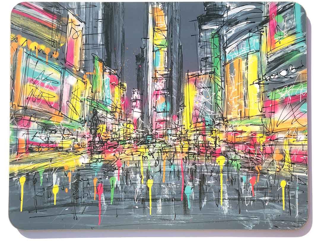 Rectangular melamine chopping board with Times Square street scene featuring neon lights by artist Hannah van Bergen