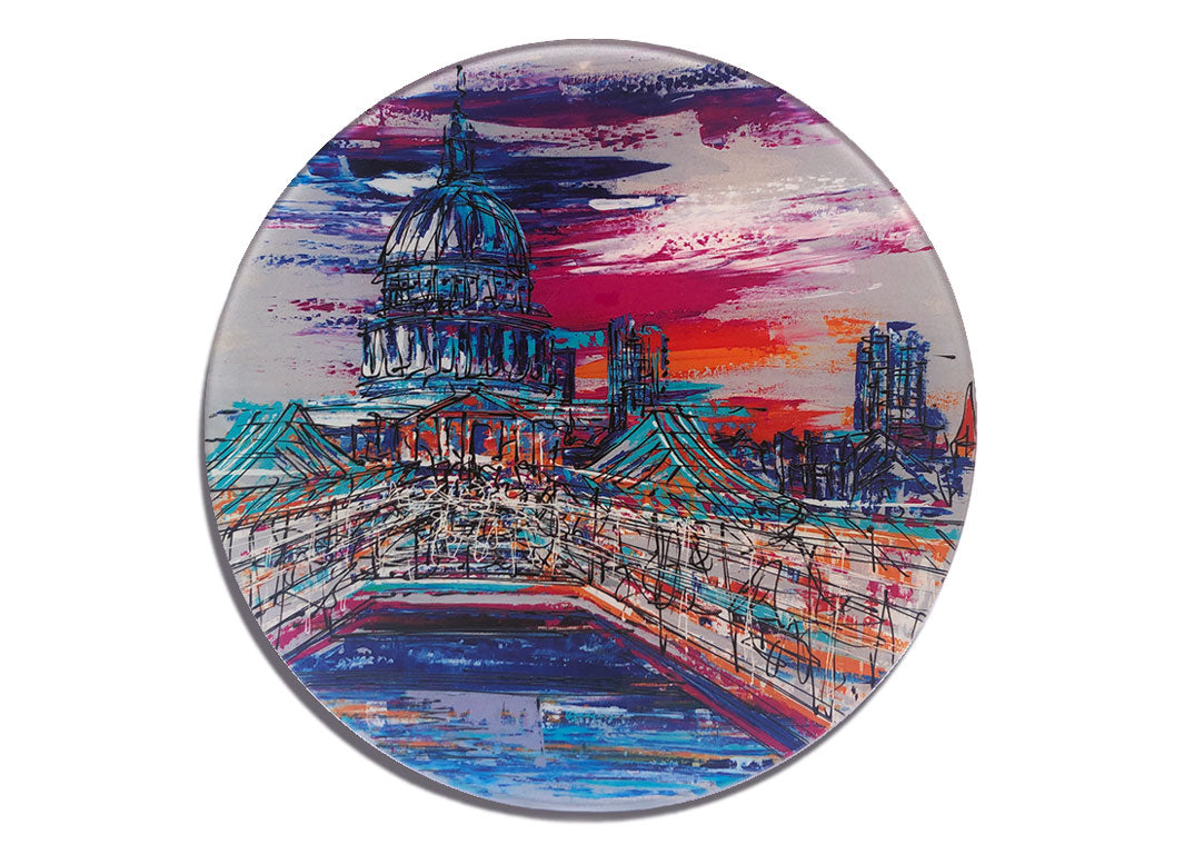 Round glass platter / worktop saver with colourful artwork of St Paul's Cathedral London from Millennium Bridge by artist Hannah van Bergen