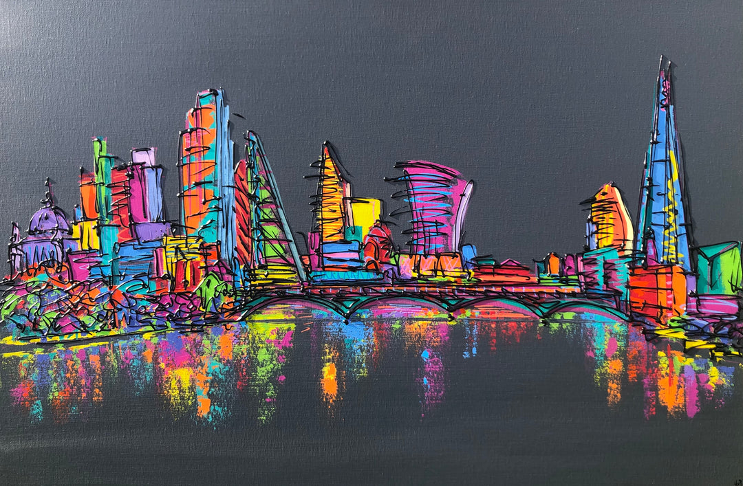 Original painting of colourful London skyline on dark grey background with reflections in River Thames by artist Hannah van Bergen