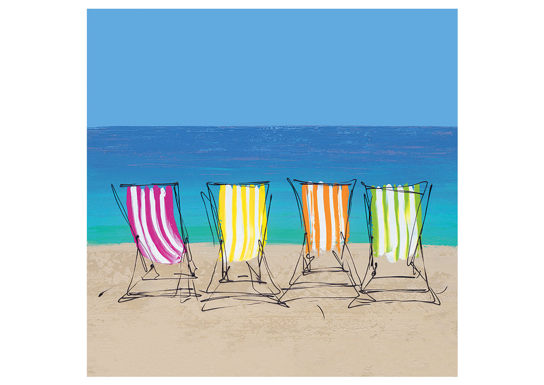 Art greetings card of 4 stripes deckchairs on a beach looking out to sea by artist Hannah van Bergen