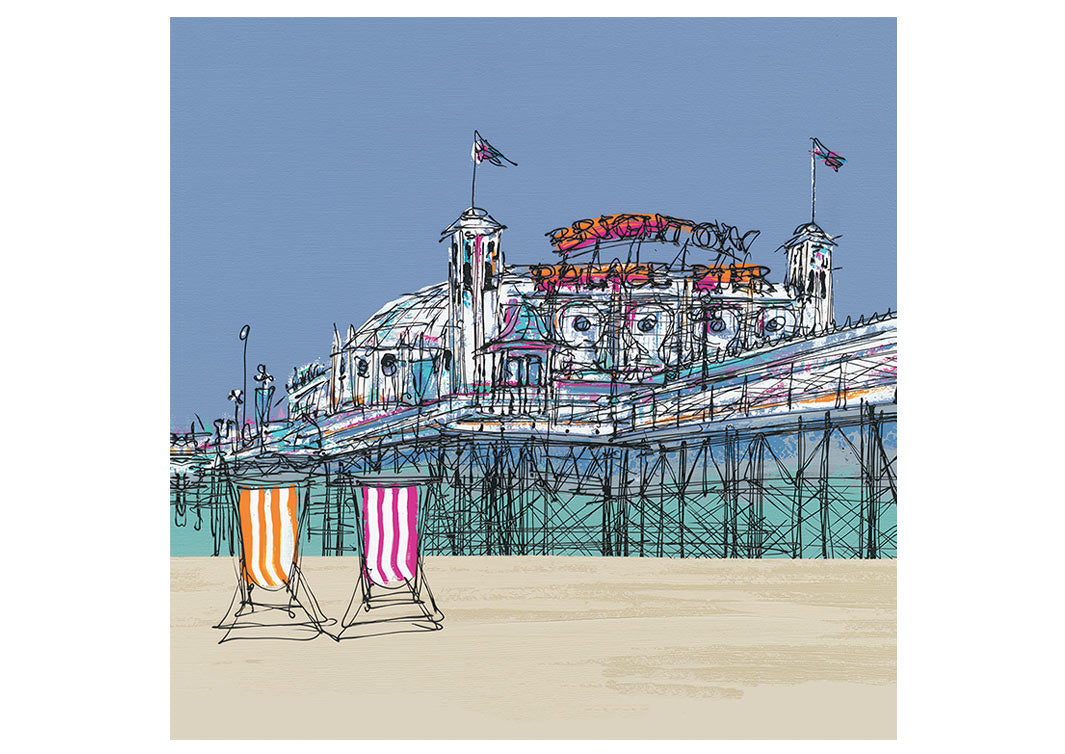 Art greetings card of deckchairs on Brighton beach with pier in background by artist Hannah van Bergen