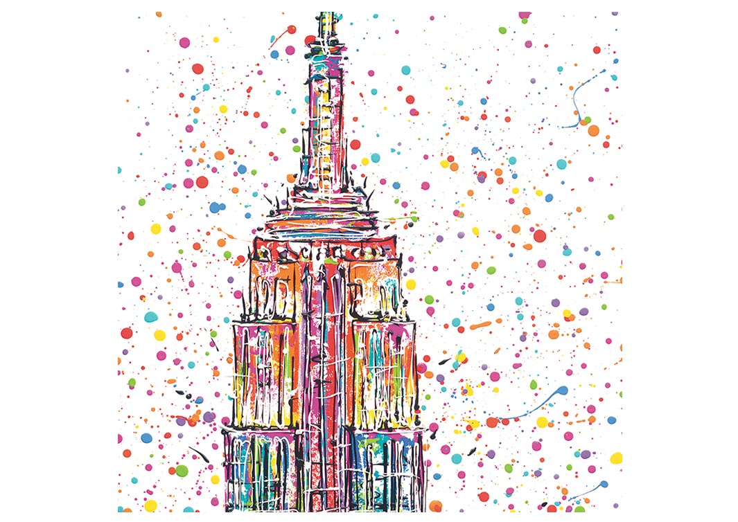 Art card of the Empire State Building New York in multicolour on white background with paint splashes by artist Hannah van Bergen