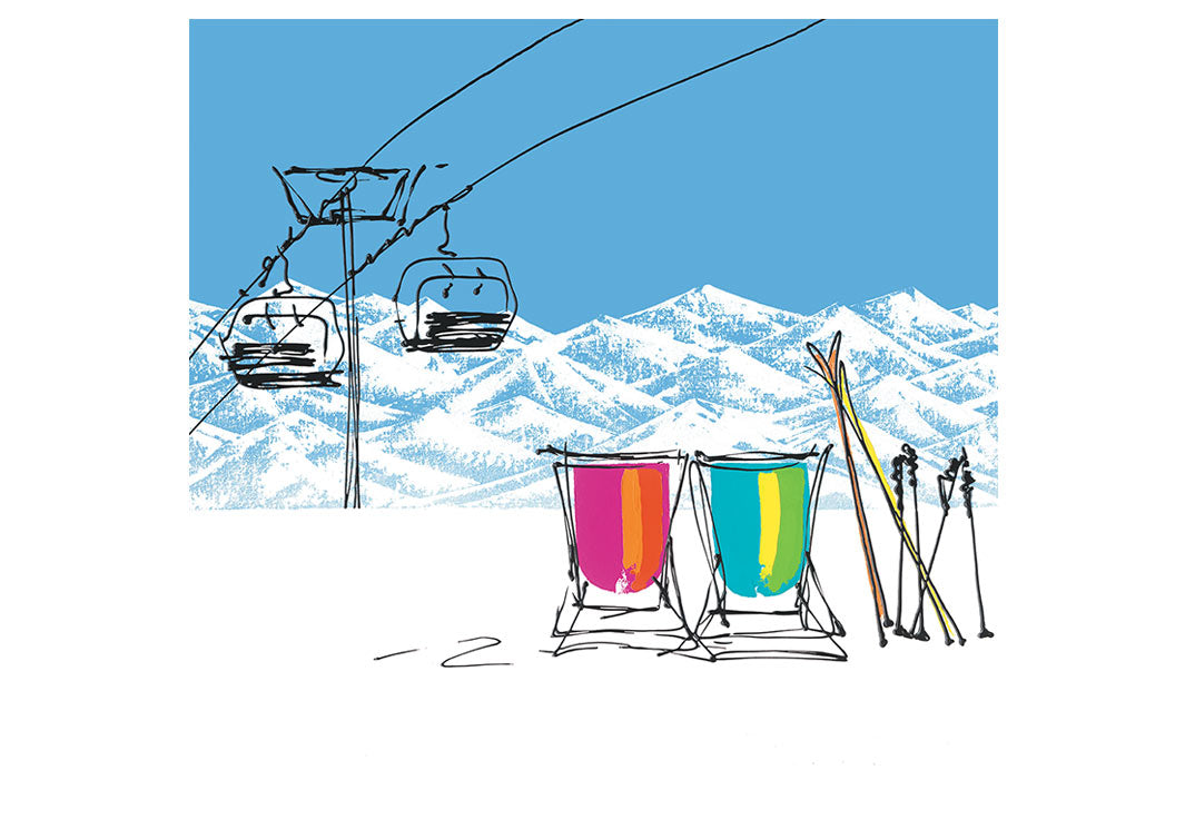 Art greetings card with 2 deckchairs and skis in the snow with mountains and chair lift in the background by artist Hannah van Bergen
