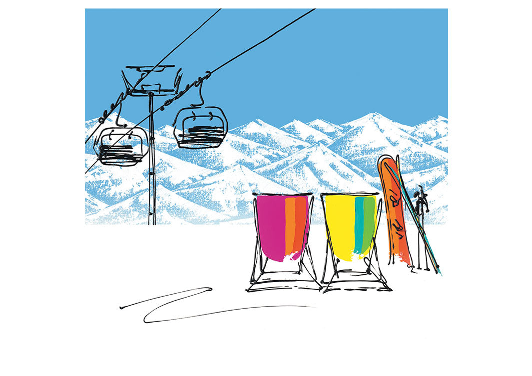 Art greetings card of skis, snowboard and 2 deckchairs in the snow with chair lift and mountain backdrop by artist Hannah van Bergen