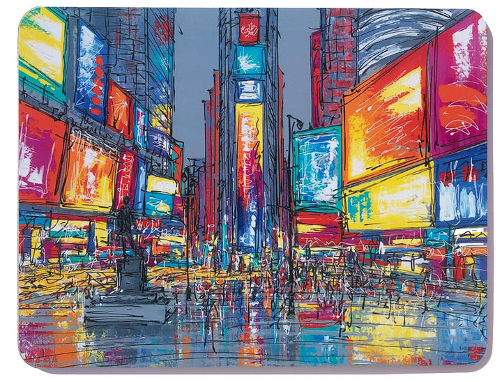 Colourful rectangular melamine chopping board of the bustle of Times Square by artist Hannah van Bergen