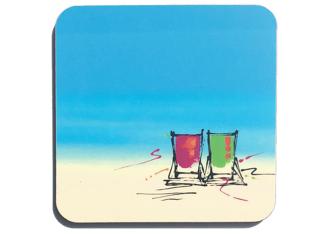 Colourful art coaster of two pink and green deckchairs on the beach by artist Hannah van Bergen
