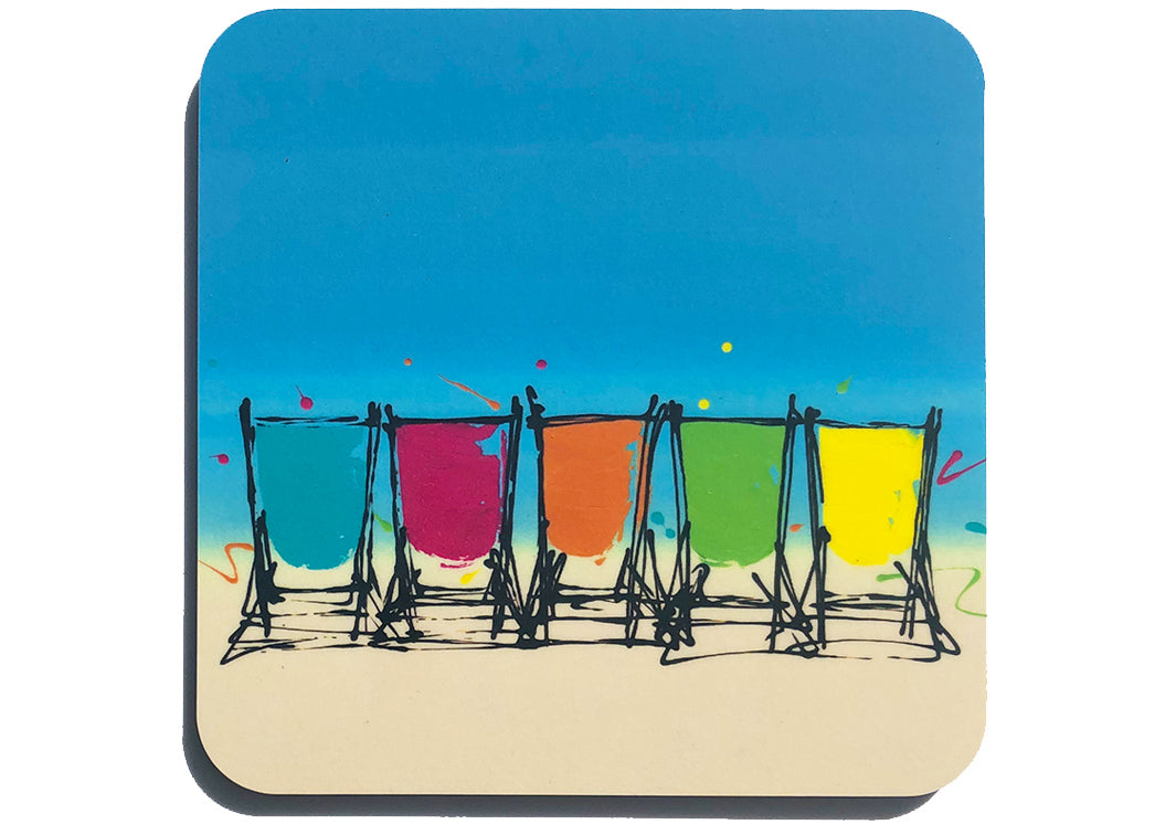 Colourful art coaster of 5 deckchairs on the beach by artist Hannah van Bergen
