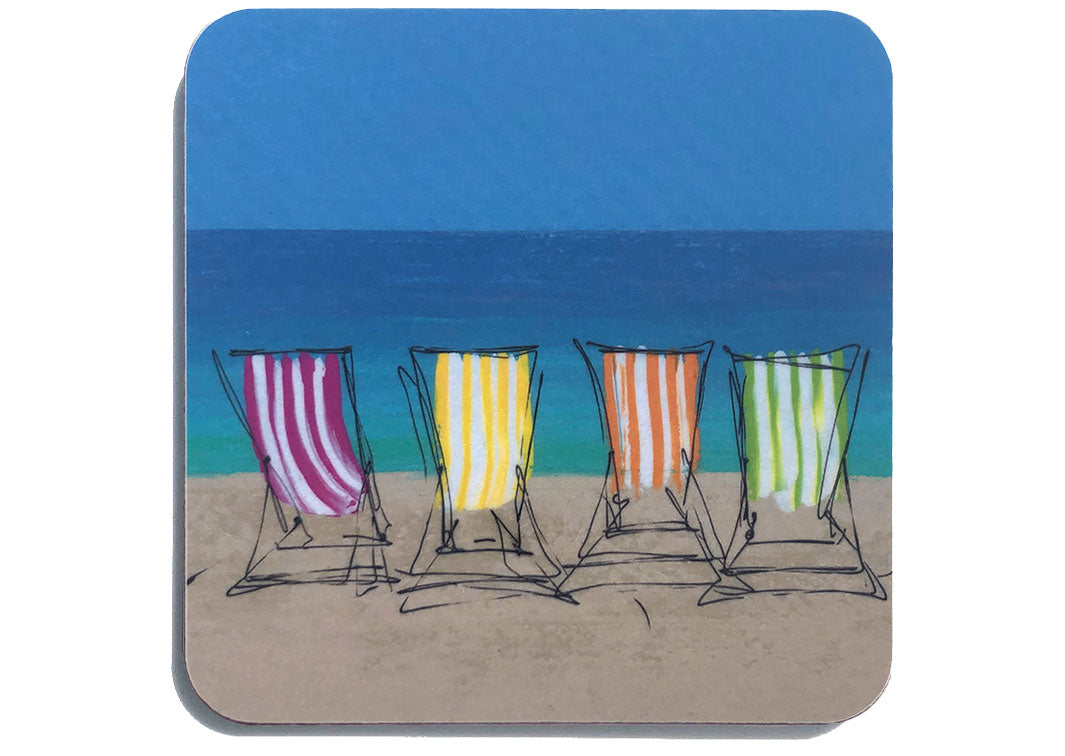 Art coaster of 4 colourful stripey deckchairs on a beach by artist Hannah van Bergen