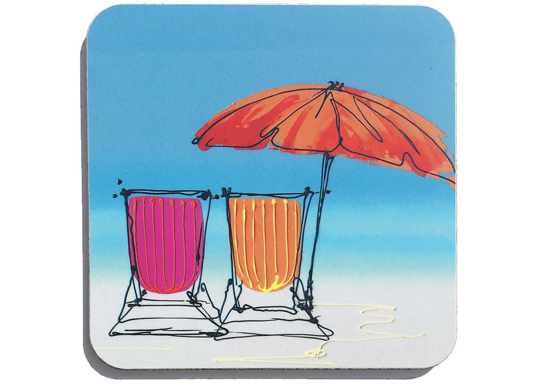 Colourful art coaster of two pink and orange deckchairs and parasol on the beach by artist Hannah van Bergen