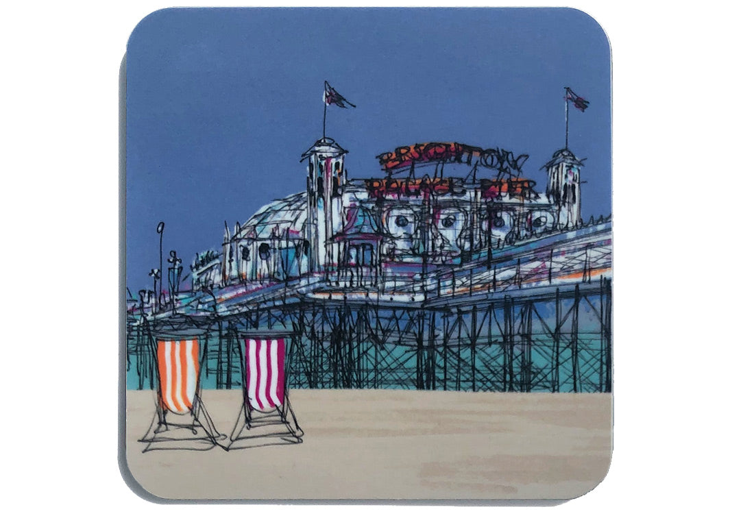 Art coaster of two stripey deckchairs on Brighton beach with pier in background by artist Hannah van Bergen