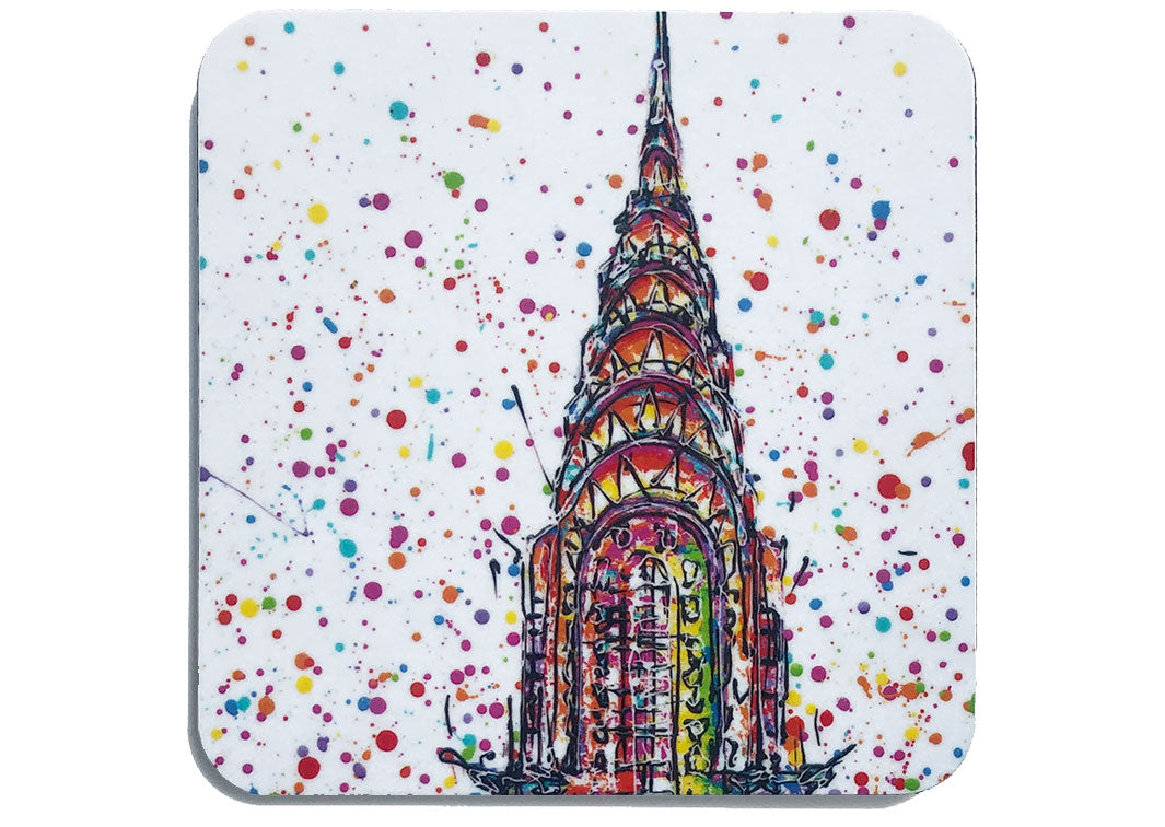 Colourful art coaster of the Chrysler Building in New York with multicolour splashes on white background by artist Hannah van Bergen