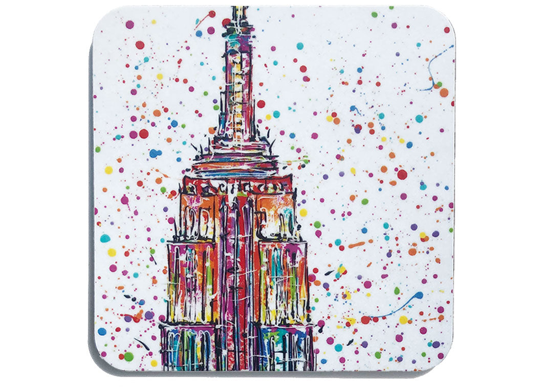 Colourful art coaster of the Empire State Building in New York with multicolour splashes on white background by artist Hannah van Bergen