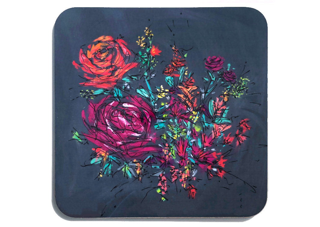 Art coaster with roses and multicoloured flowers on dark grey background by artist Hannah van Bergen