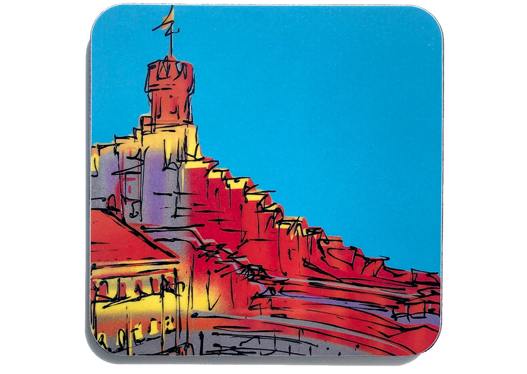 Colourful art coaster of Lincoln Castle on blue background by artist Hannah van Bergen
