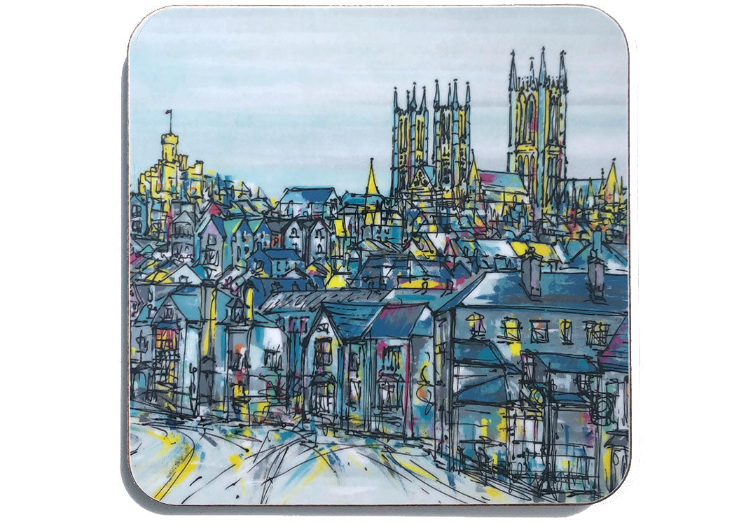 Art coaster of Lincoln Cathedral and castle over city rooftops by artist Hannah van Bergen