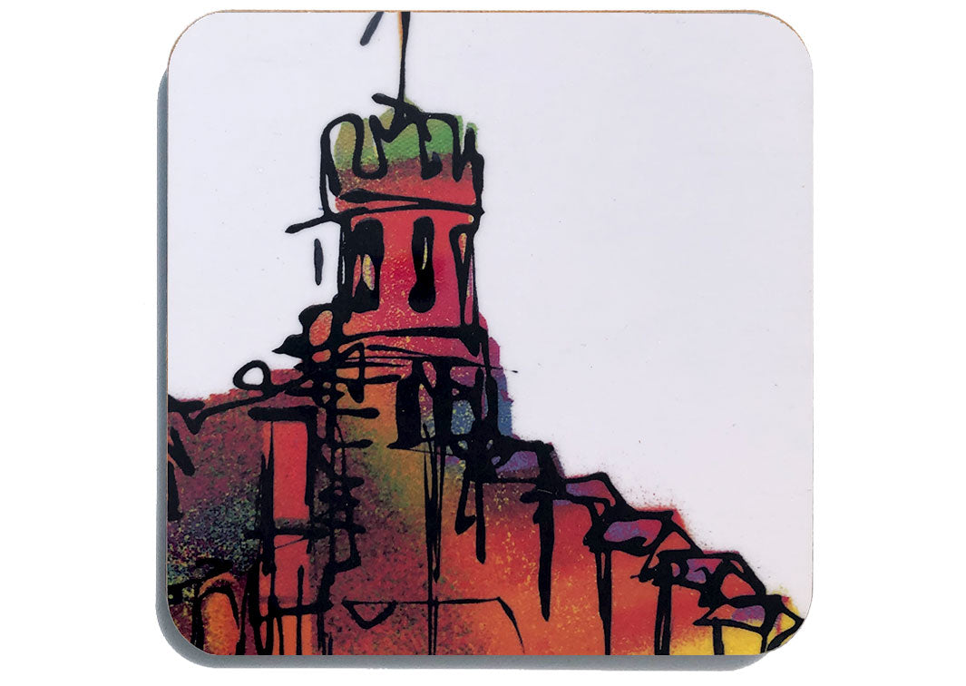 Art coaster of Lincoln Castle tower on white background by artist Hannah van Bergen
