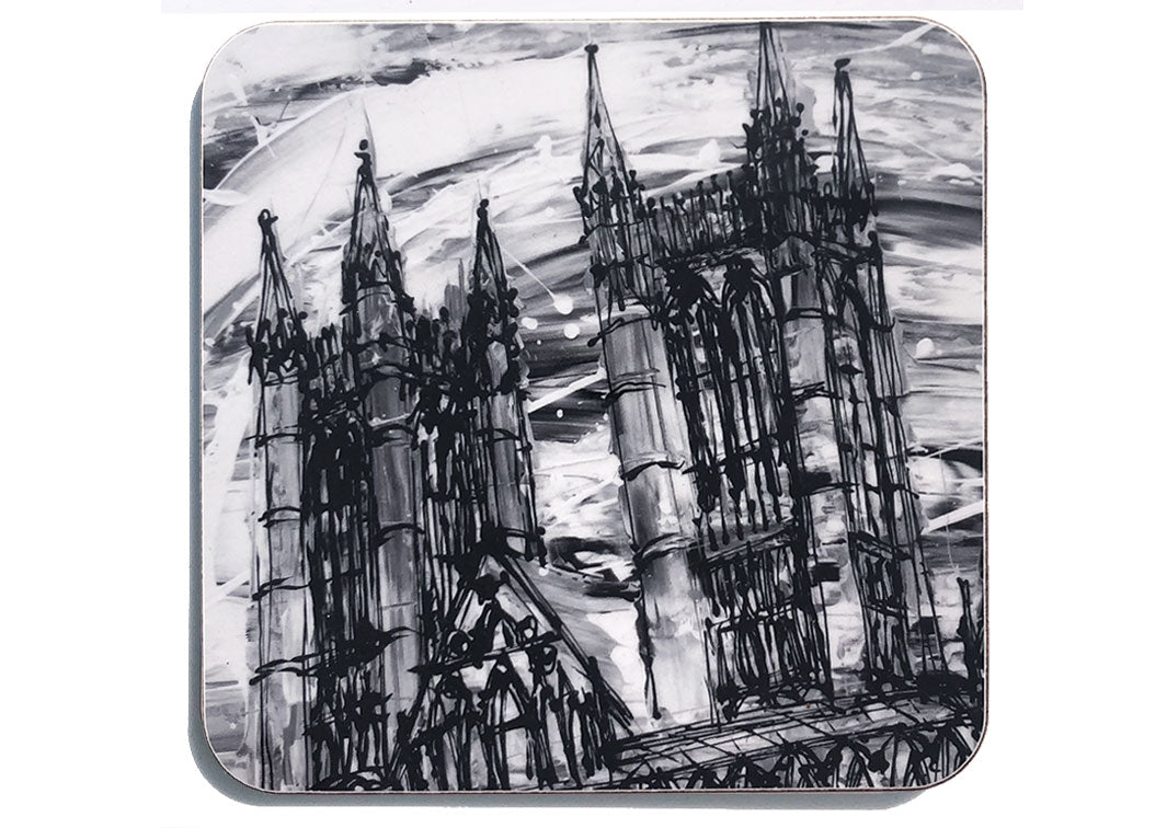 Black and white art coaster of Lincoln Cathedral by artist Hannah van Bergen