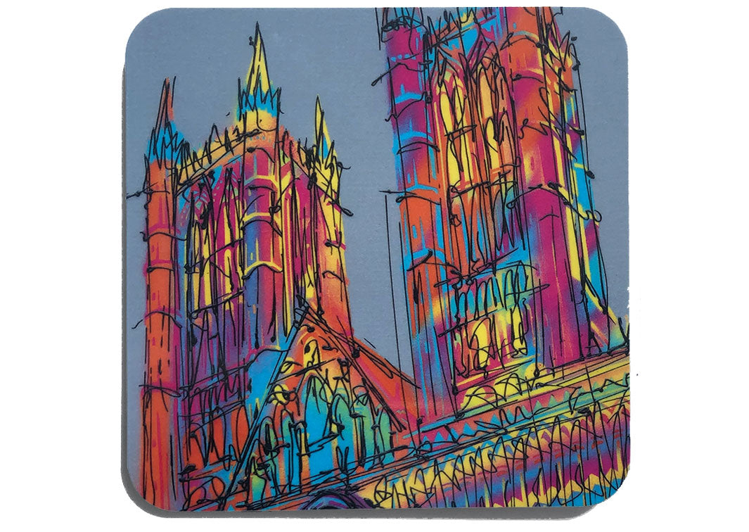 Colourful bright art coaster of Lincoln Cathedral on grey background by artist Hannah van Bergen