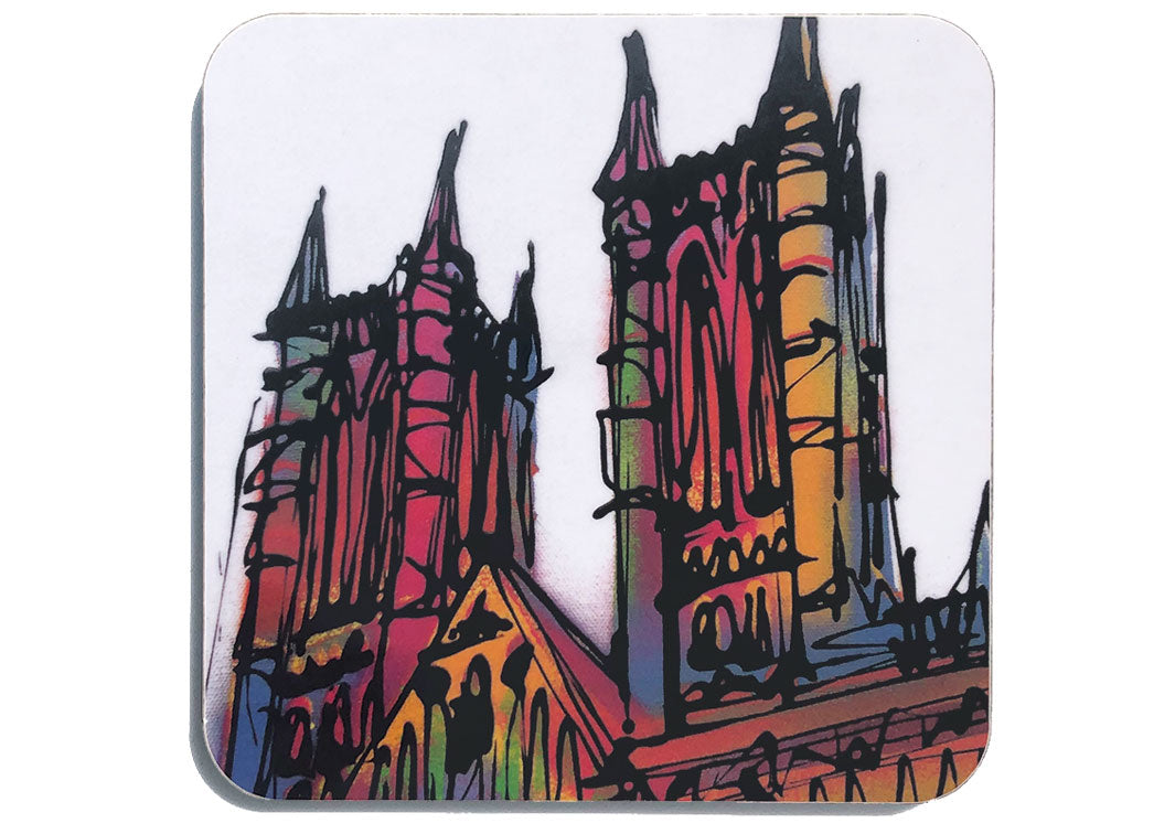 Colourful art coaster of Lincoln Cathedral on white background by artist Hannah van Bergen