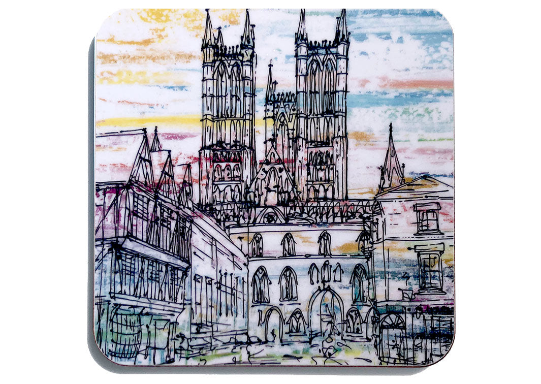 Art coaster of Lincoln Cathedral from Castle Hill by artist Hannah van Bergen