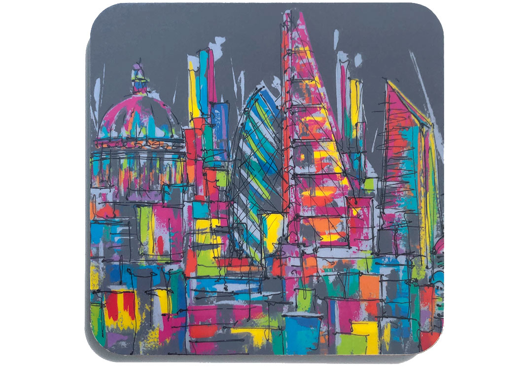 Colourful art coaster of London landmarks on dark grey background by artist Hannah van Bergen