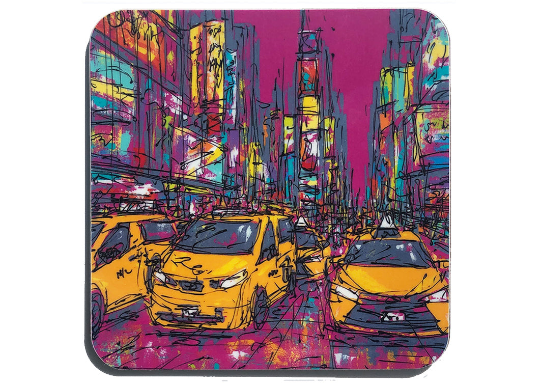 Bright art coaster of Times Square New York with taxis and pink background by artist Hannah van Bergen