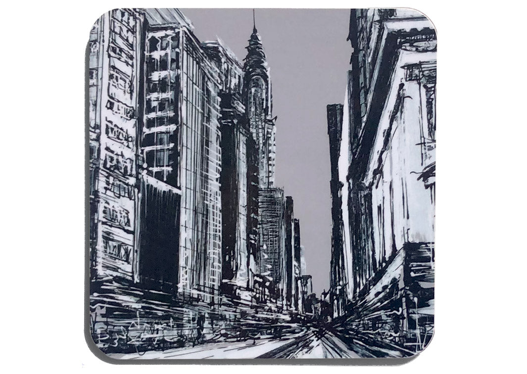 Greyscale art coaster of a busy New York street scene with Chrysler building in background by artist Hannah van Bergen