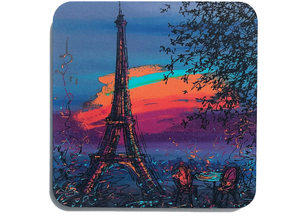 Art coaster of the Eiffel Tower Paris with dusk sky and trees in foreground by artist Hannah van Bergen