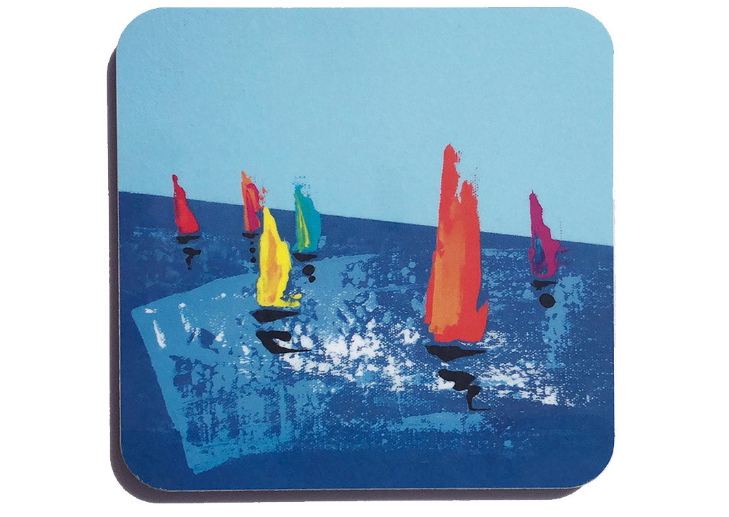 Colourful art coaster featuring multicoloured sailing boats on the sea by artist Hannah van Bergen