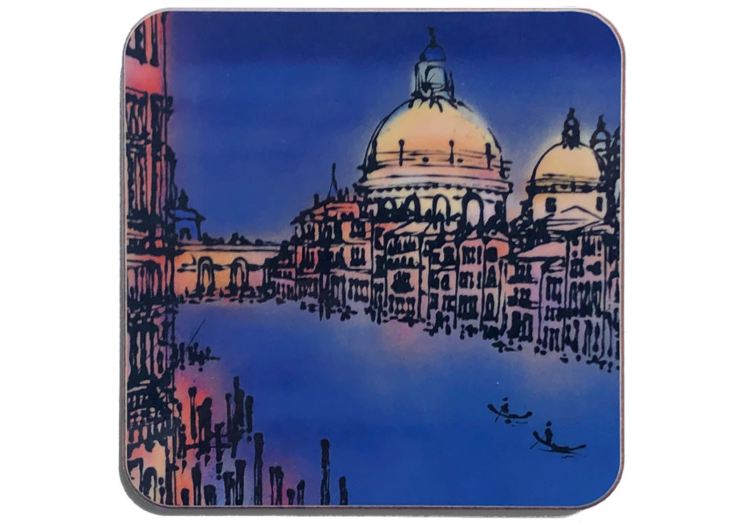 Art coaster of Venice Grand Canal with gondolas on blue background by artist Hannah van Bergen
