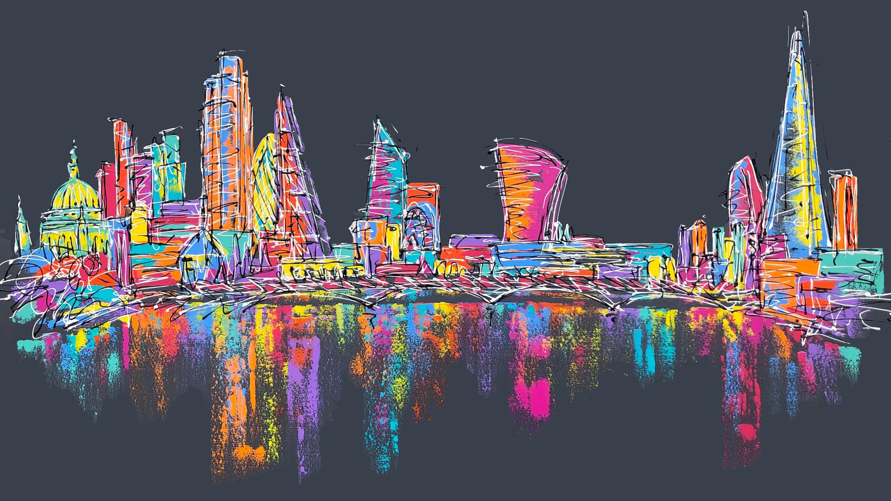 COLOURFUL LONDON SKYLINE ON DARK GREY BACKGROUND PAINTED BY HANNAH VAN BERGEN
