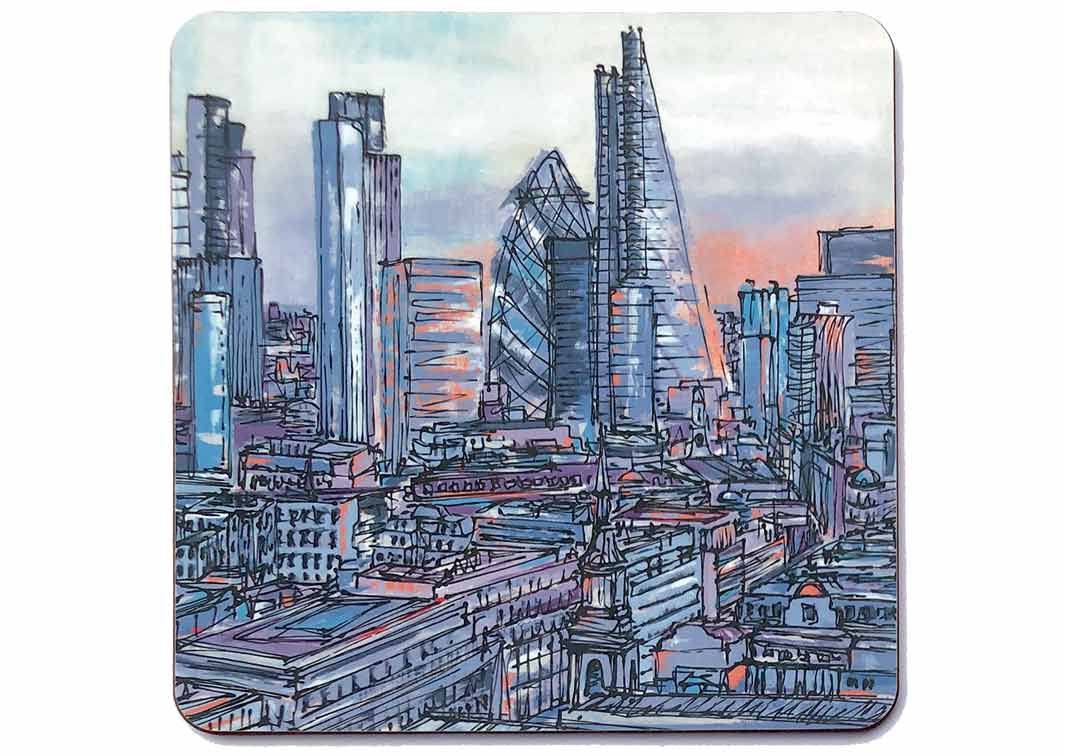 Square art placemat of the City of London through rooftops with the Gherkin and Cheesegrater amongst other skyscrapers by artist Hannah van Bergen