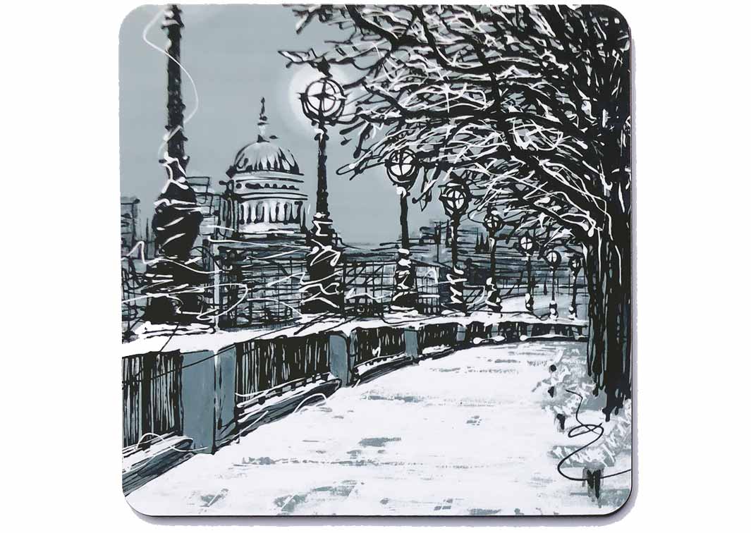 Square art placemat of Southbank London in the snow with St Paul's Cathedral in the background by artist Hannah van Bergen