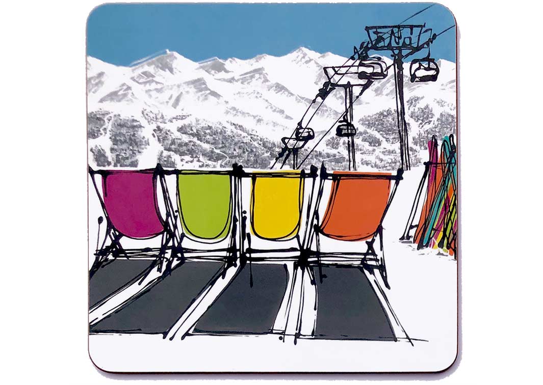 Square art placemat of 4 deckchairs in the snow with ski rack, chair lift and mountain backdrop by artist Hannah van Bergen