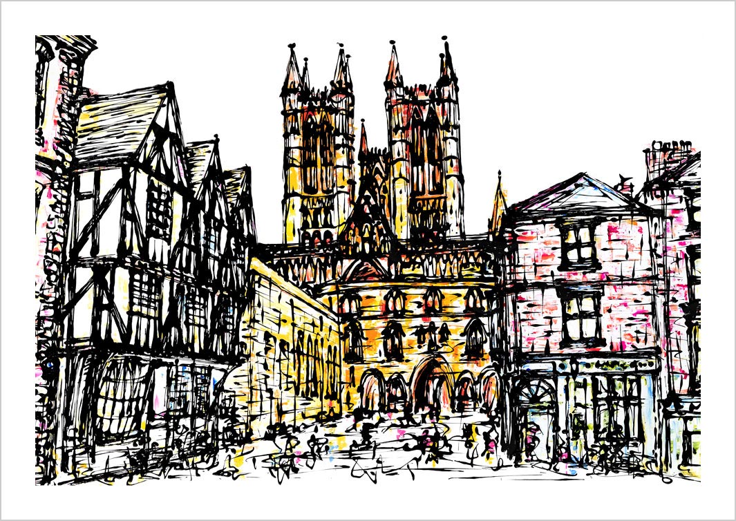 Art print of Lincoln Castle Square featuring the cathedral by artist Hannah van Bergen