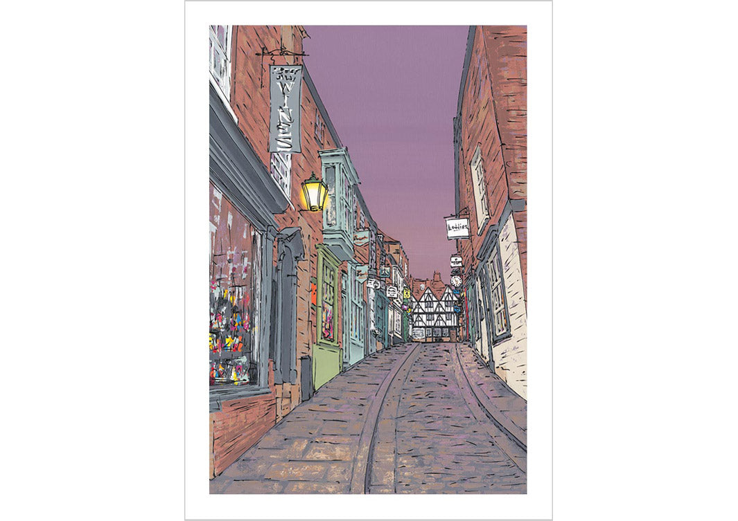 Art print of Lincoln Steep Hill at dusk with purple sky and streetlamps by artist Hannah van Bergen