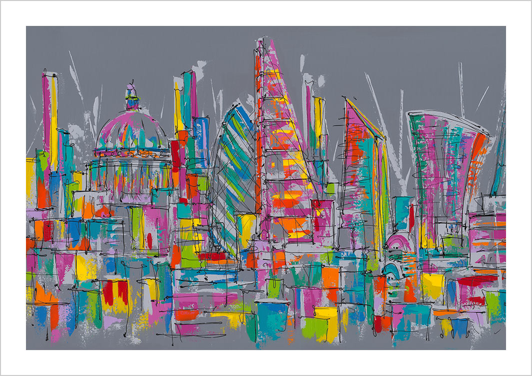 Colourful London art print on grey background with landmarks including St Paul's, the Gherkin, Cheesegrater, Scalpel and the Walkie Talkie by artist Hannah van Bergen