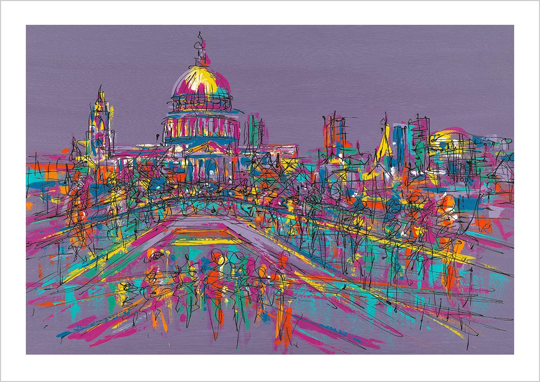 Colourful London art print of St Paul's Cathedral from Millennium Bridge on purple background by artist Hannah van Bergen