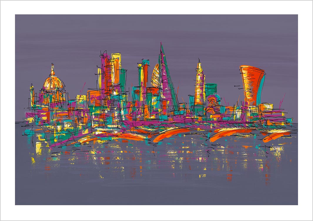 London skyline art print including St Paul's, the Gherkin and the Walkie Talkie on purple background with orange highlights by artist Hannah van Bergen