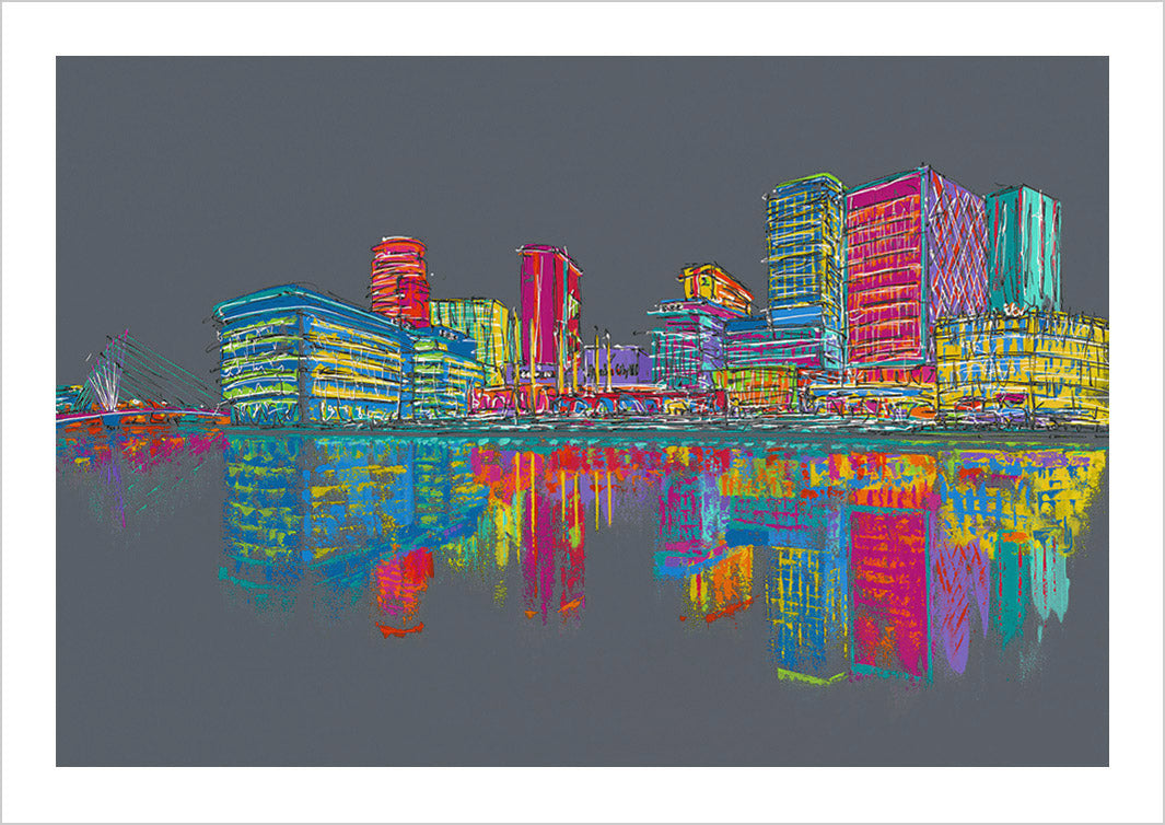 Art print of Media City, Salford Quays, Manchester, with reflections in the water and multicoloured buildings on grey background by artist Hannah van Bergen