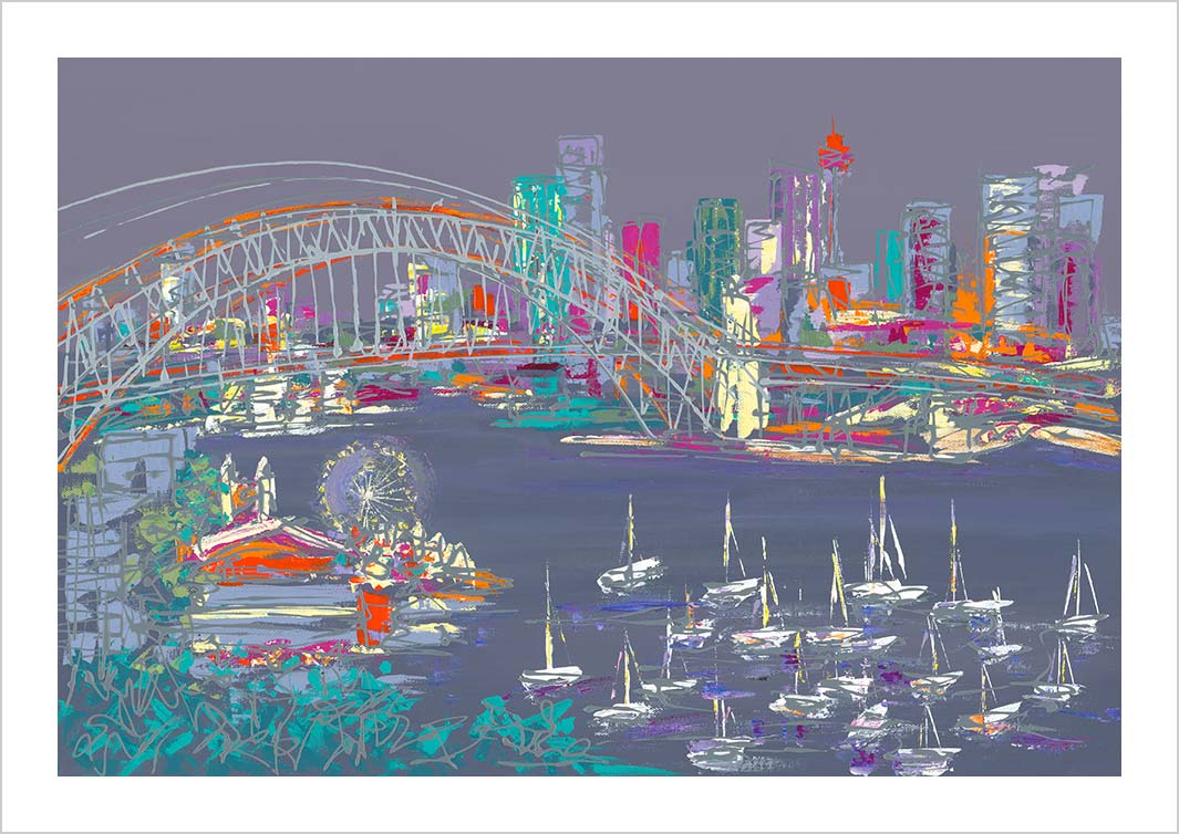 Purple art print of Sydney Harbour Bridge with city skyline in the background and boats in the foreground by artist Hannah van Bergen