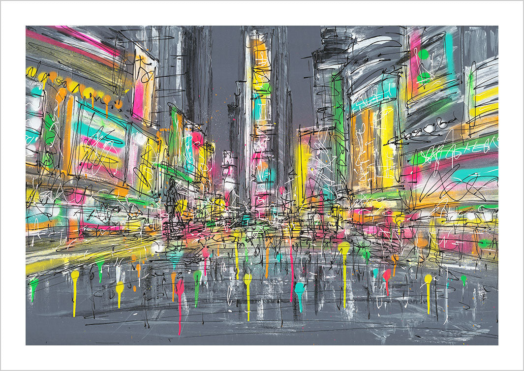 Art print of Times Square New York on grey background with neon colour lights by artist Hannah van Bergen