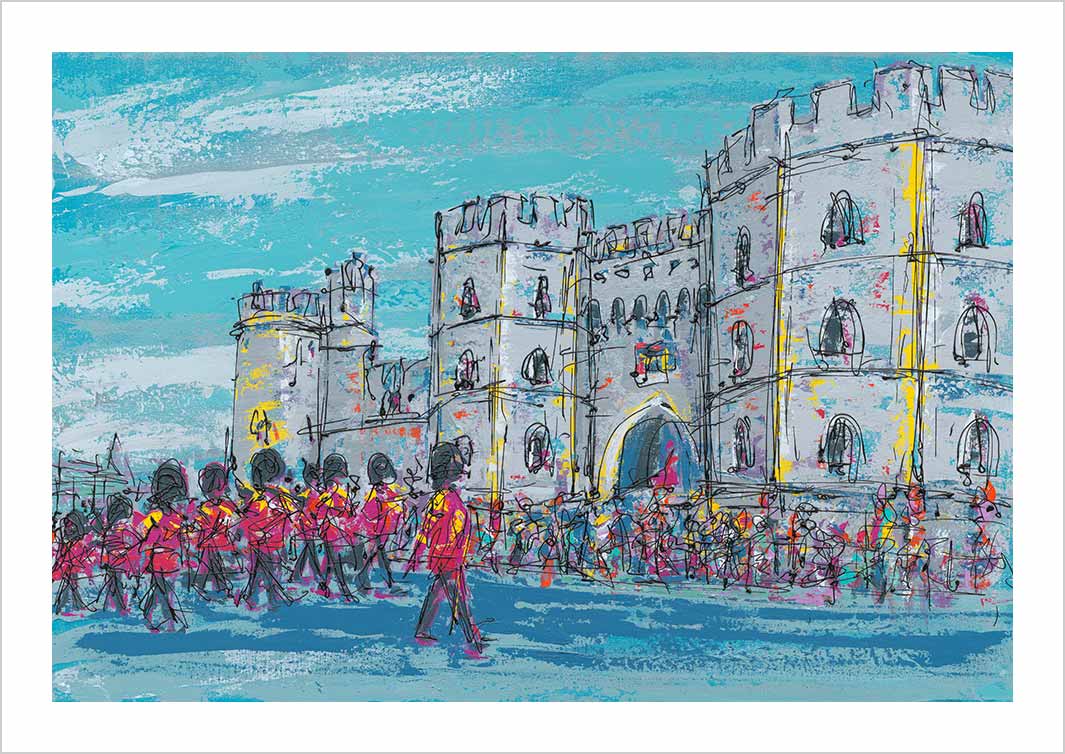 Art print of Windsor Castle featuring the Changing of the Guard by artist Hannah van Bergen