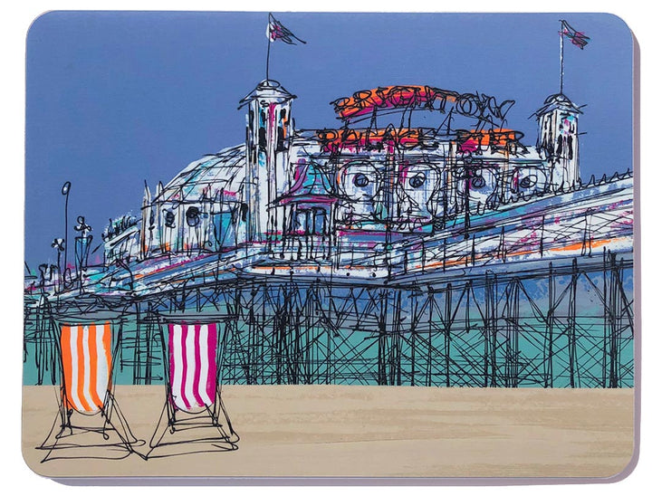 Melamine chopping board with artwork of 2 stripy deckchairs on Brighton beach with Palace Pier in background by artist Hannah van Bergen