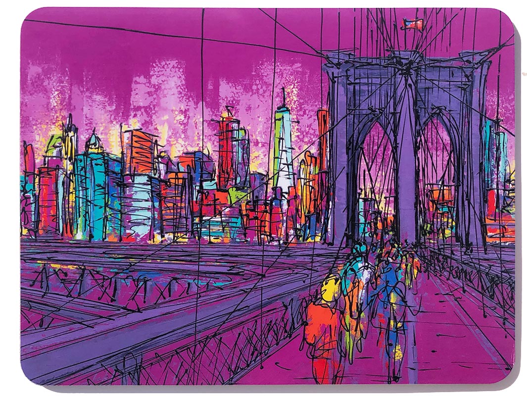 Rectangular melamine chopping board with New York artwork of Brooklyn Bridge and the Lower Manhattan skyline on bright pink background by artist Hannah van Bergen