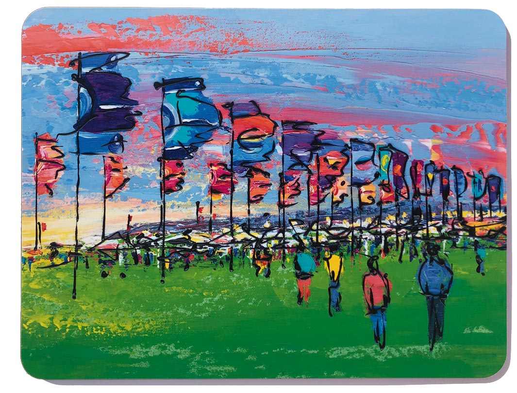 Melamine chopping board with artwork of Glastonbury festival with flags by artist Hannah van Bergen